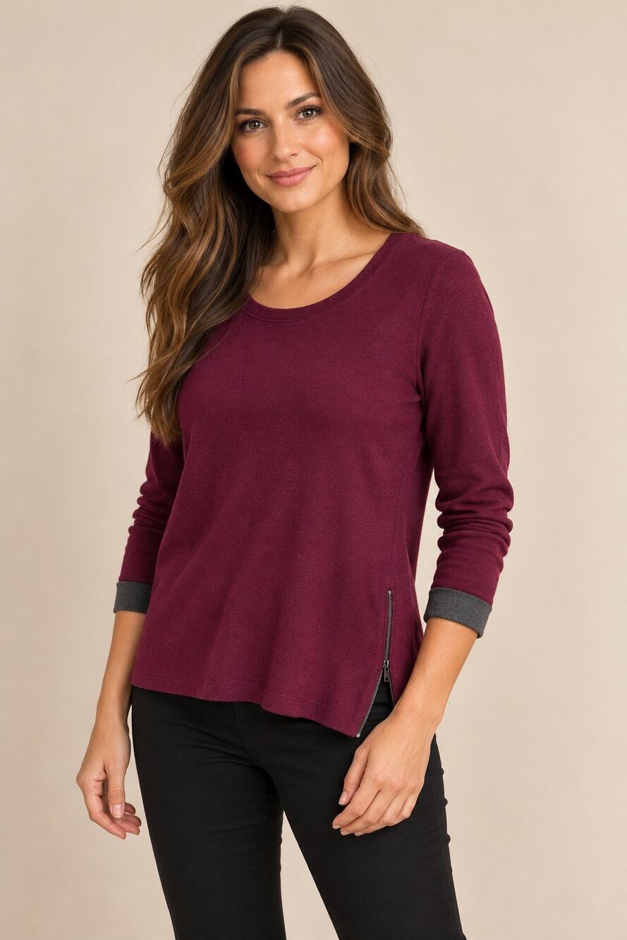 Nanette Lepore Plum Wool Knit Top Size Medium Side Zip Charcoal Cuffs